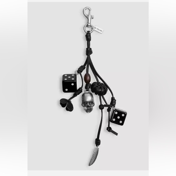 Black Leather Charm Keychain with Skull and Dice - Picture 3 of 3